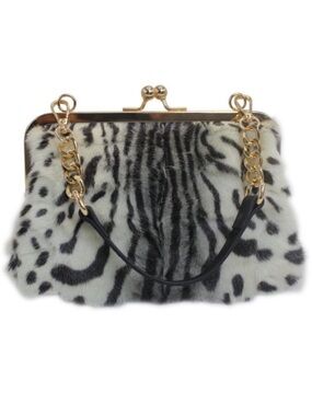 Luxury Mink Fur Leopard Print Handbag Small Kiss Lock Purse With Gold new